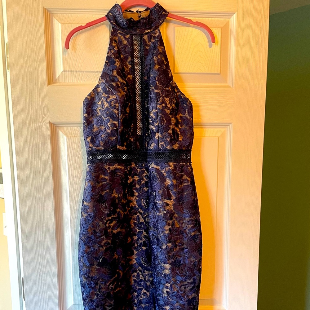 Xscape dark Blue Lace Illusion HighNeck Midi Dress